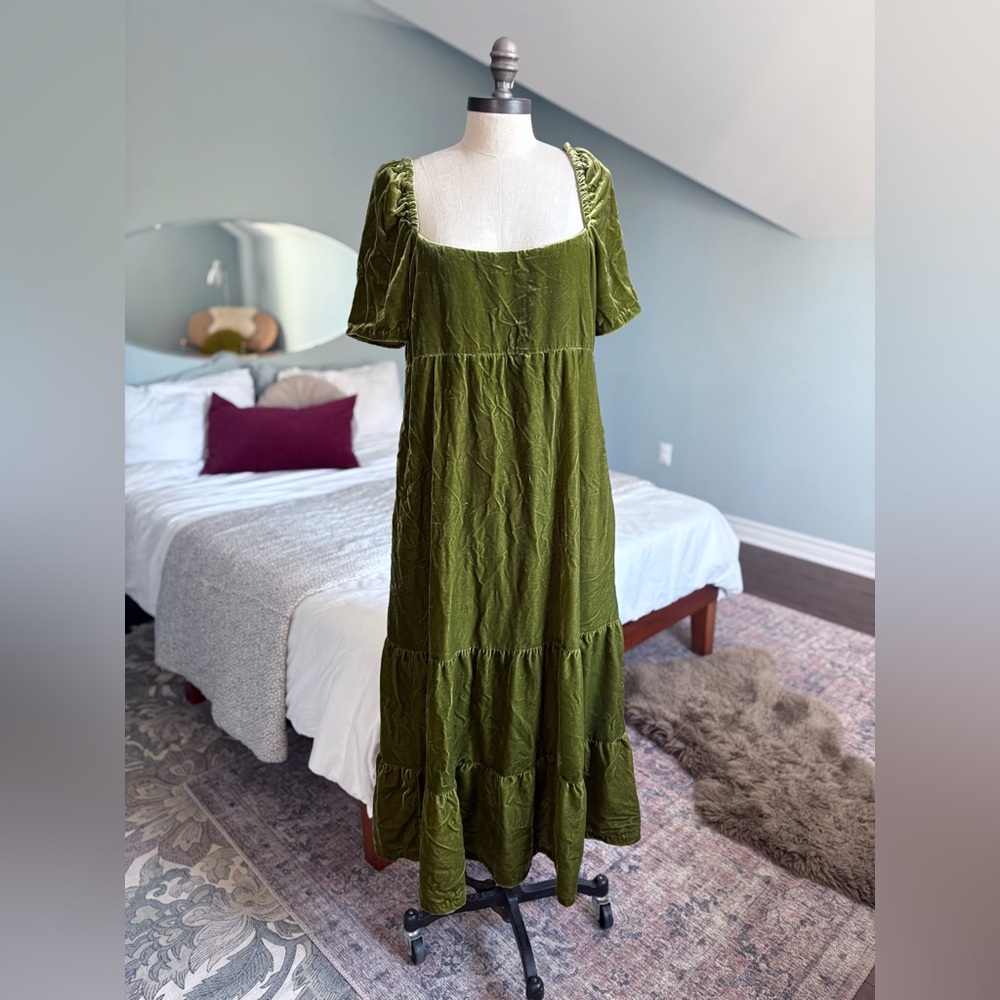 Anthropologie Olive Green Velvet Maxi Dress